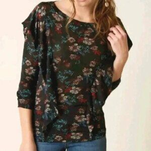 Free People Dock Street Blouse Top Ruffled Knit Black Floral Stretchy L